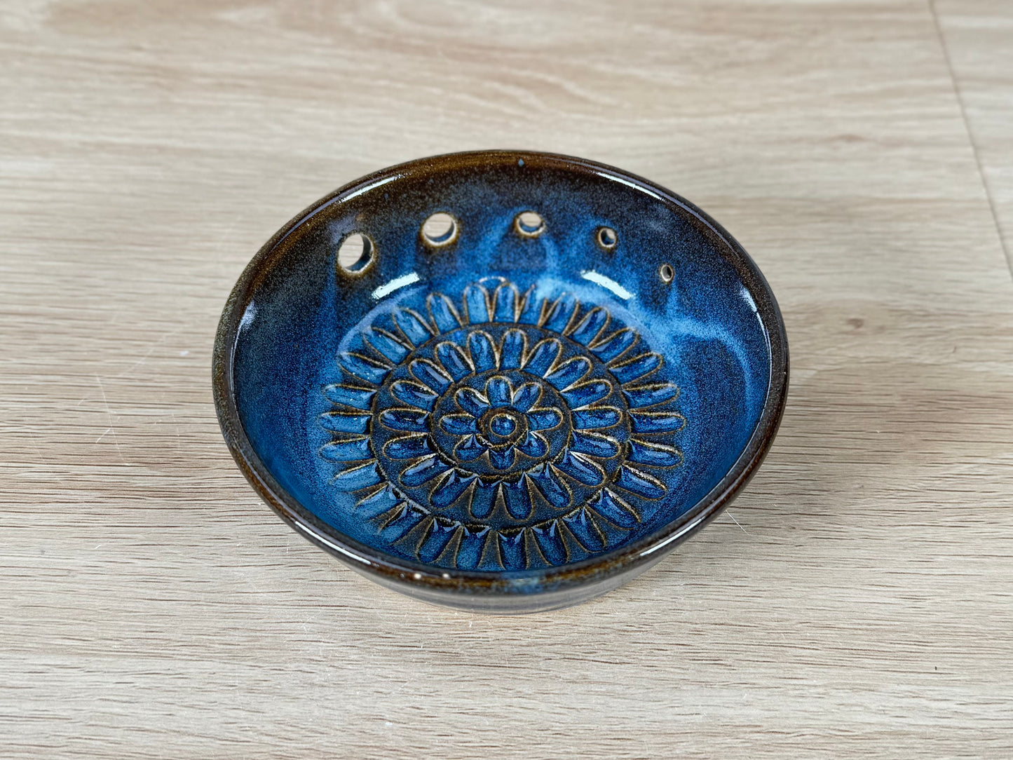 Blue Ceramic Herb Stripper and Garlic Dish