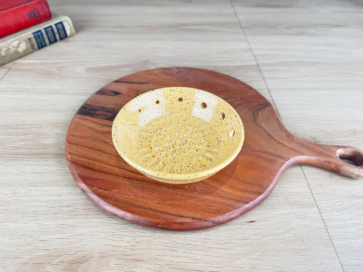 Yellow Speckle Ceramic Herb Stripper and Garlic Dish