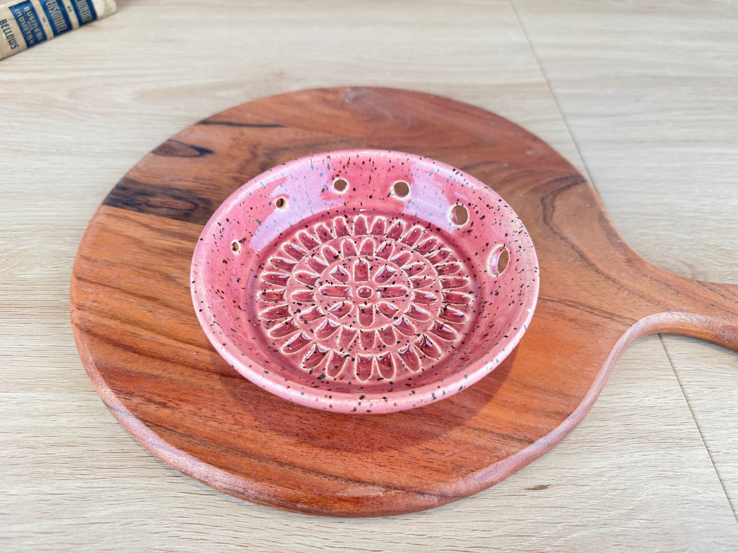 Dusty Rose Ceramic Herb Stripper and Garlic Dish